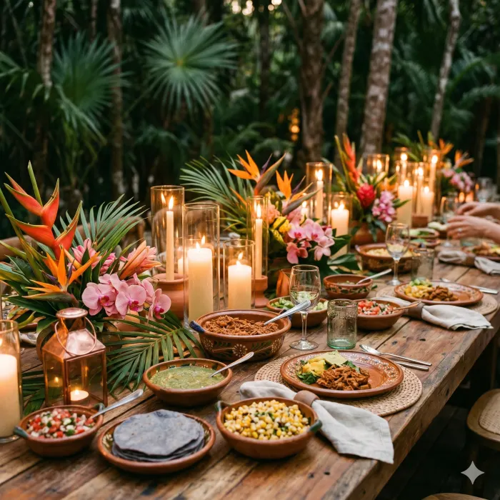 Cena de bienvenida a la luz de las velas en la selva de Tulum