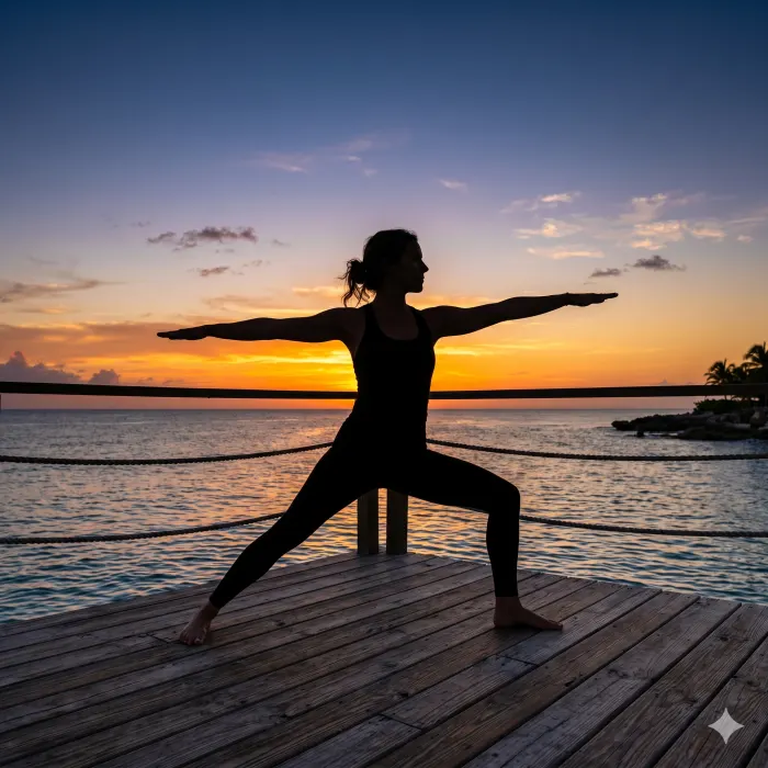 Práctica de yoga al amanecer frente al mar Caribe